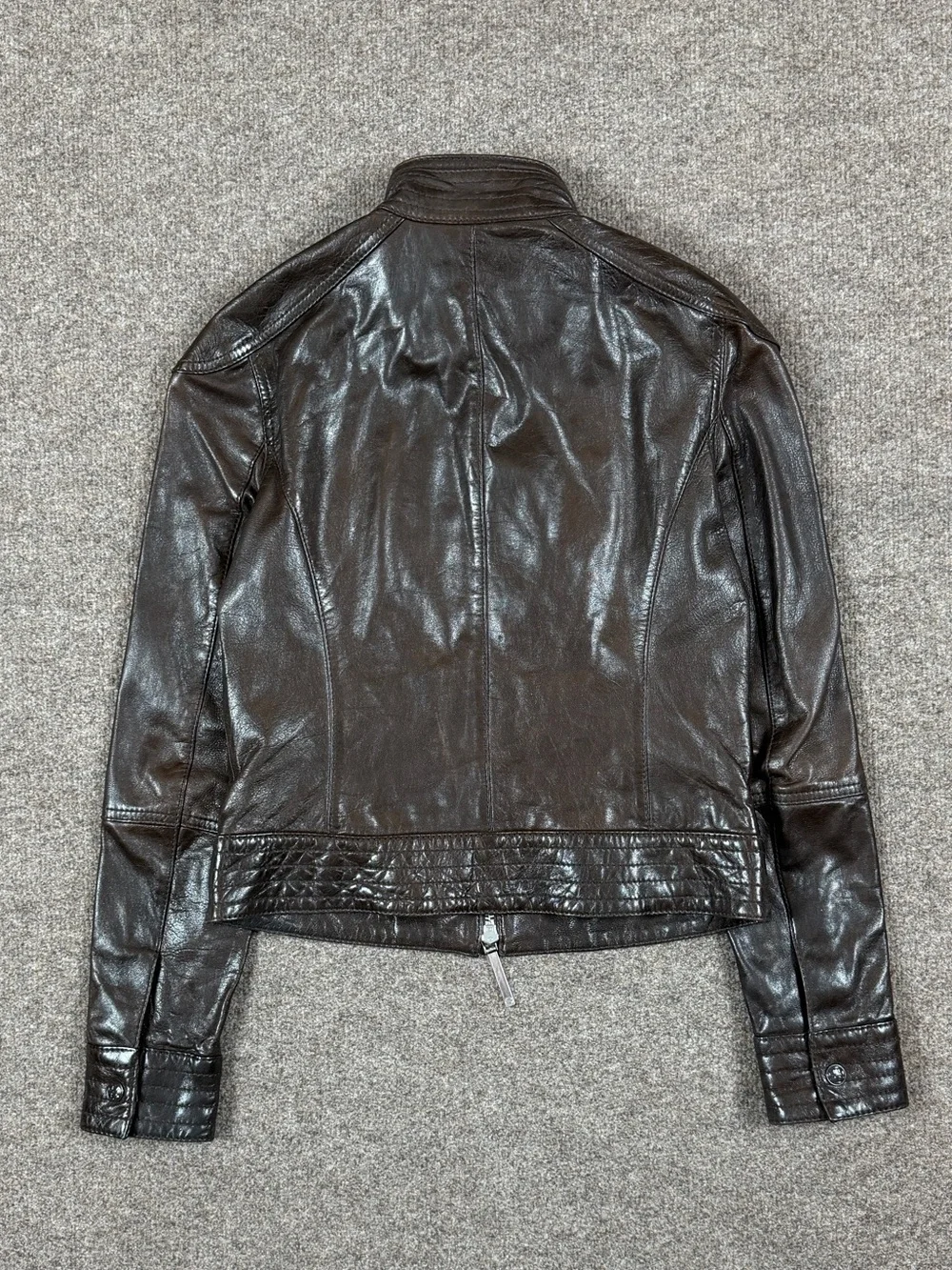 Tory Burch Brown Leather Moto Jacket Women’s Size 2 XS/S Buckle Funnel Neck Y2K